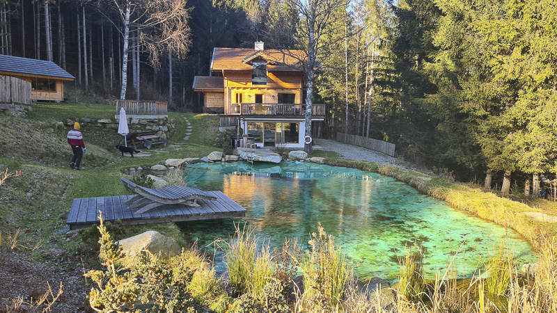 luxuschalet im wald mit hund in kärnten am moserhof mit eigenem badeteich